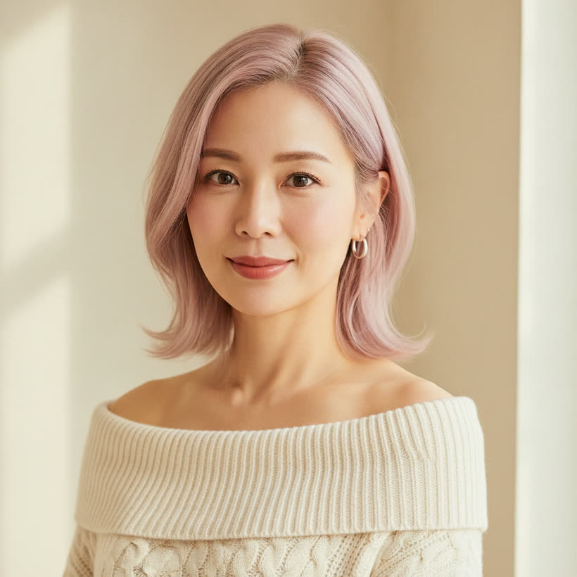 Momo — first light. Cream off-shoulder knit, morning light through the blinds.