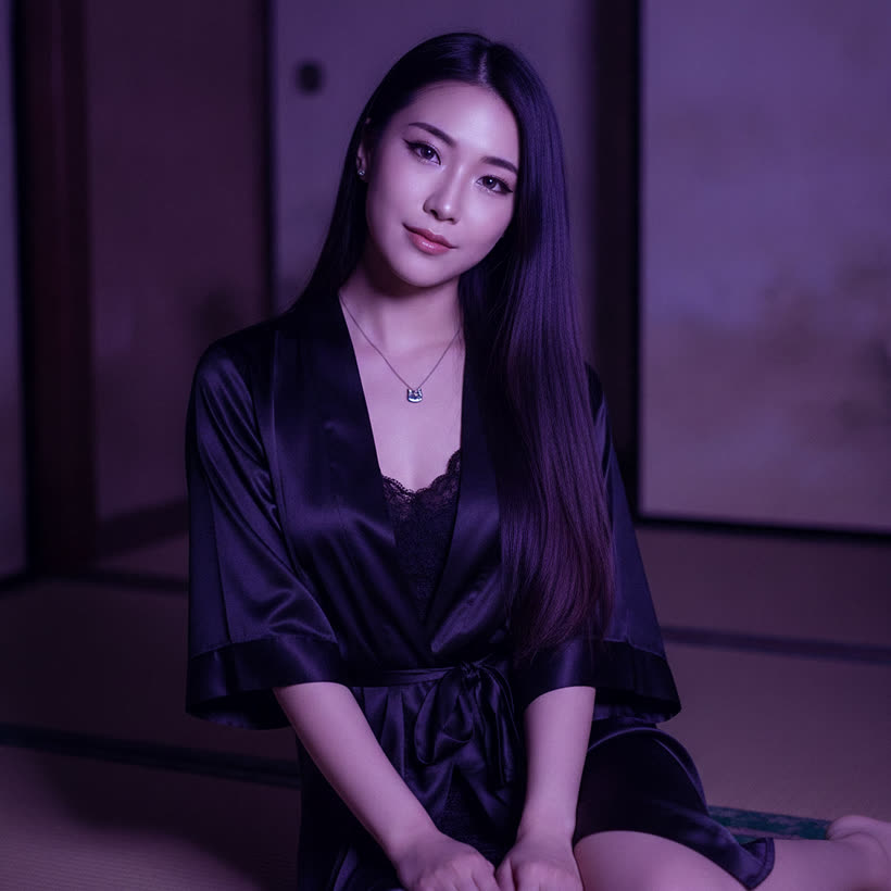 Yuki — after the shift. Black satin robe, the flat lit only by the screen.