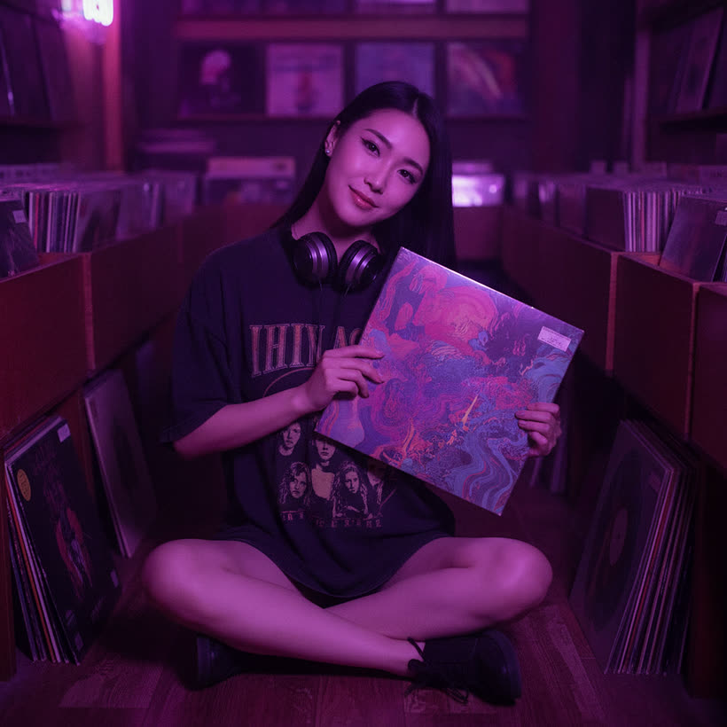 Yuki — record shop. Headphones on, flipping through the second-hand crates.