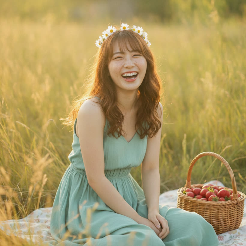 Hana — apples from the garden. Green dress, flower crown, a basket she picked herself.