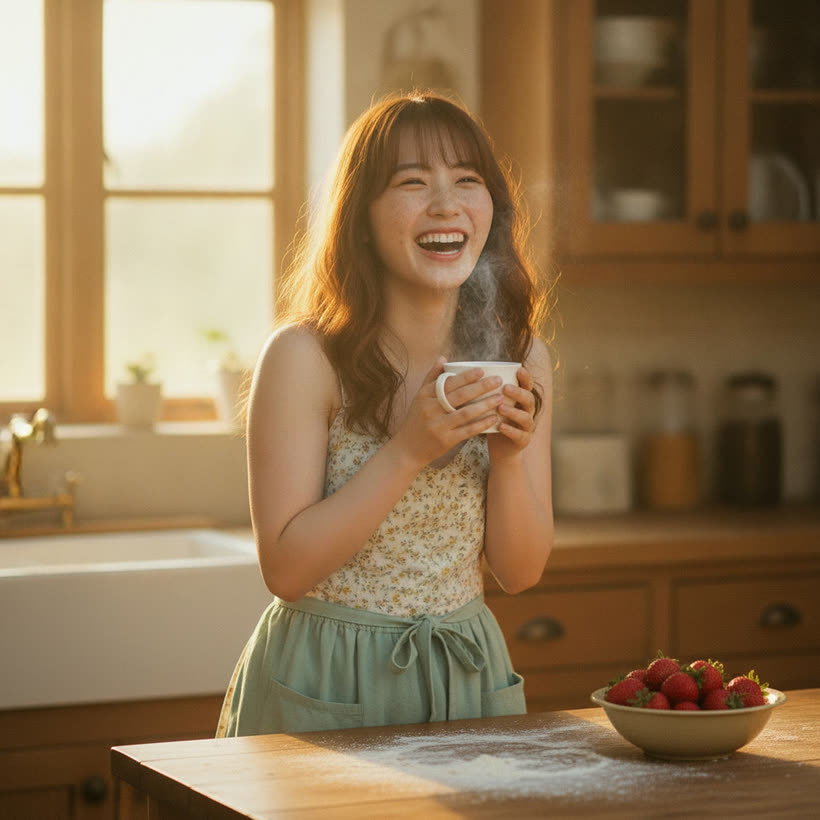 Hana — flour on the counter. Tea in both hands, strawberries, dough rising behind her.