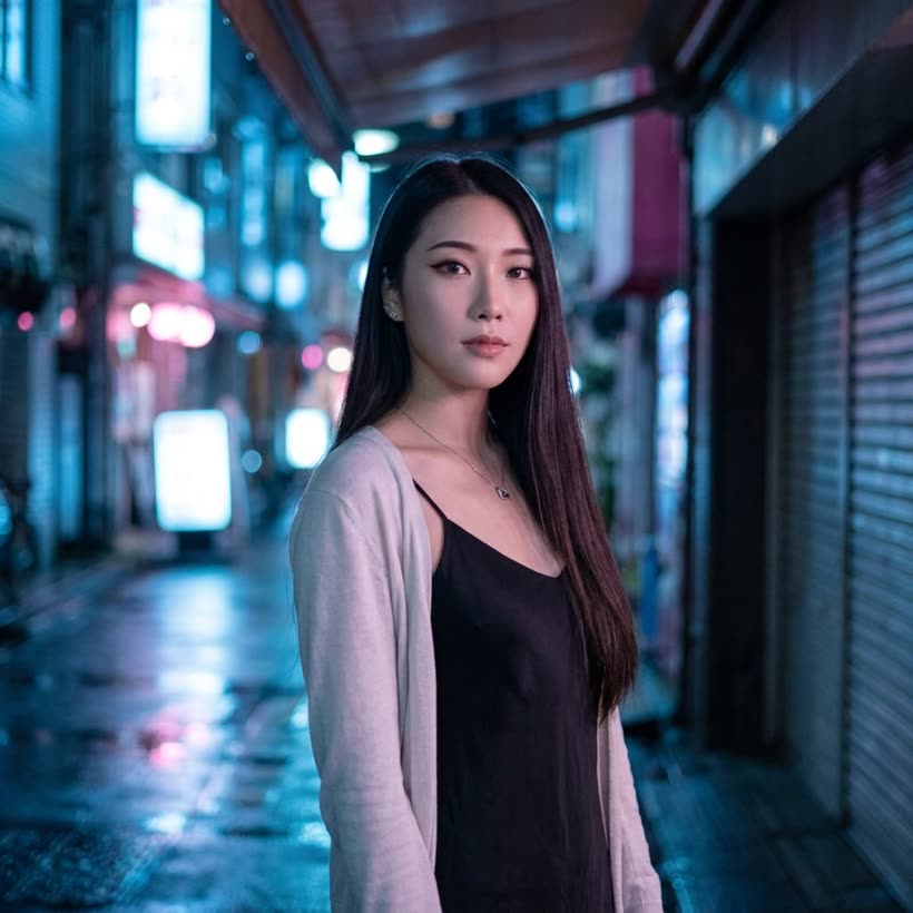 Yuki — the long way home. Black slip dress, neon on wet pavement.
