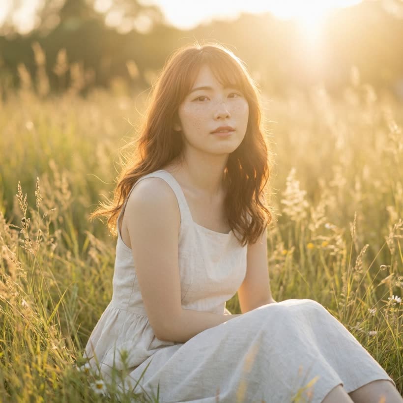 Hana — Sunday field. White sleeveless dress, tall grass, low sun.