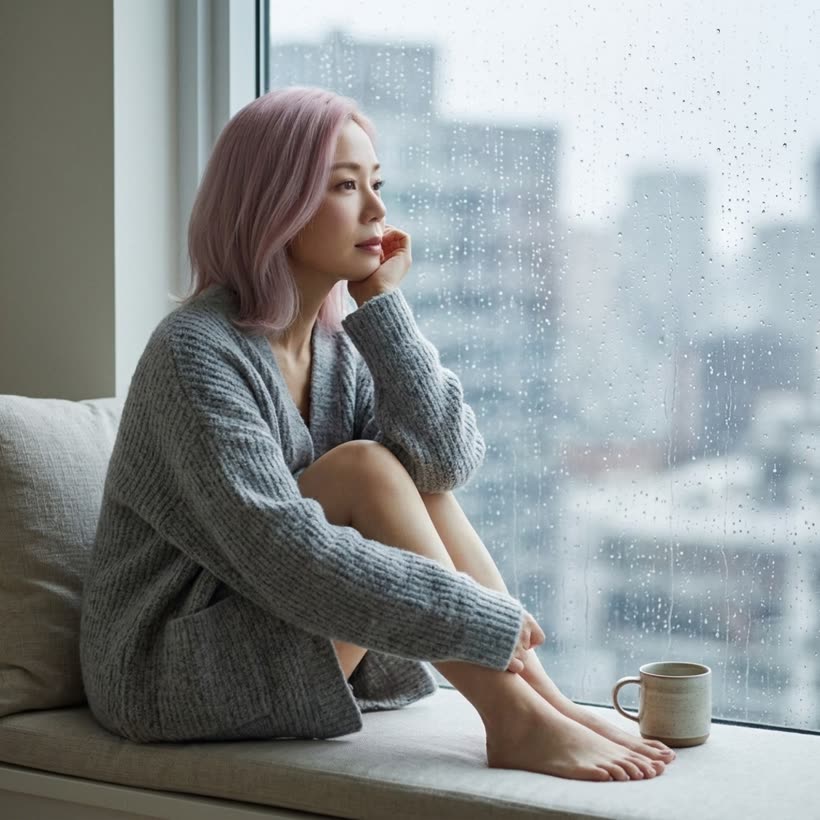 Momo — rain all day. Grey knit sweater on the window seat, rain on the glass, mug beside her.