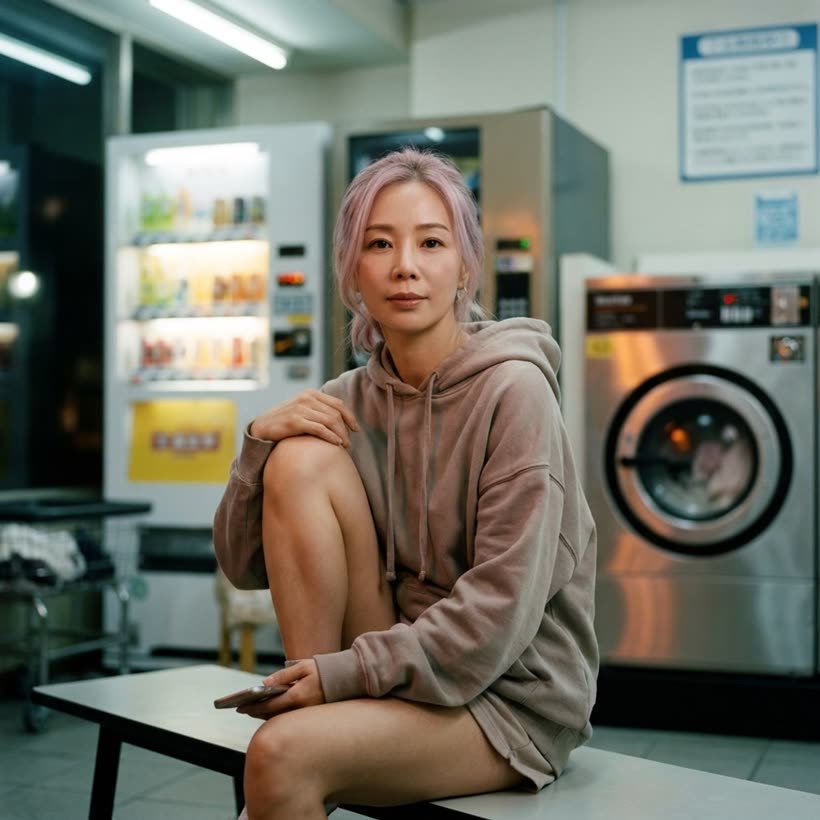 Momo — 2am laundromat. Hoodie and shorts, waiting on the machine, vending machine glow.