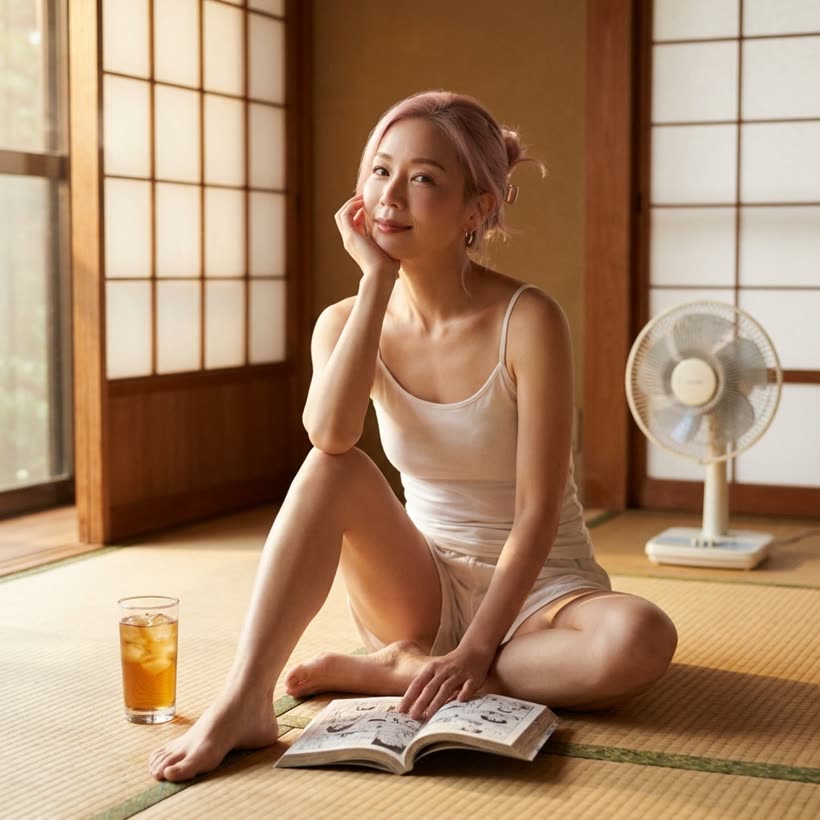 Momo — tatami afternoon. Tank top, floor fan going, a magazine she has read twice.