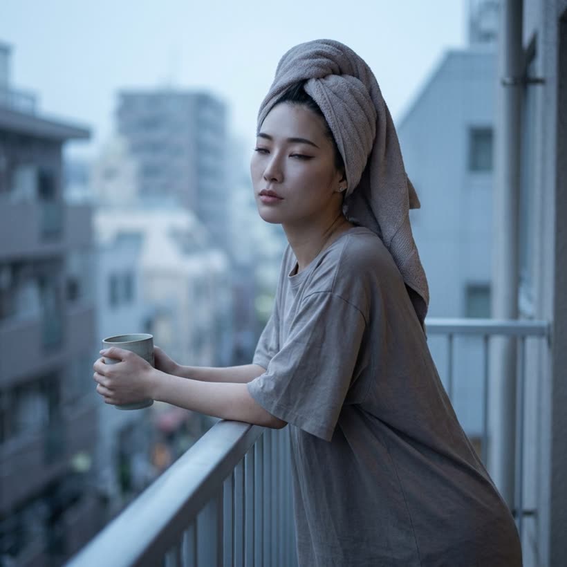 Yuki — before the city wakes. Oversized tee, towel round wet hair, mug on the railing.