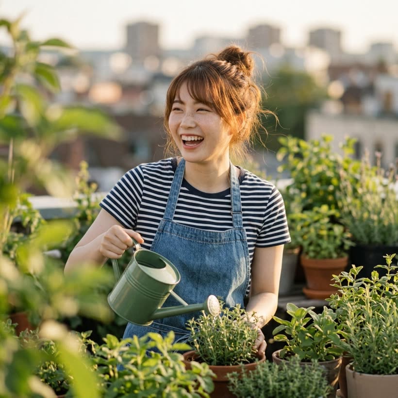 Hana — the roof garden. Striped tee and a denim apron, watering can, herbs everywhere.