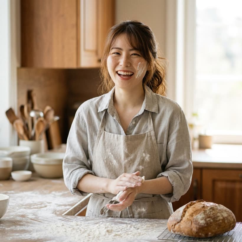 Hana — Saturday bake. Flour on her cheek, dough under her hands, one loaf already cooling.