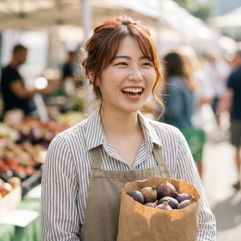 Hana — the market, 8am. Figs, bread, three kinds of tomatoes.