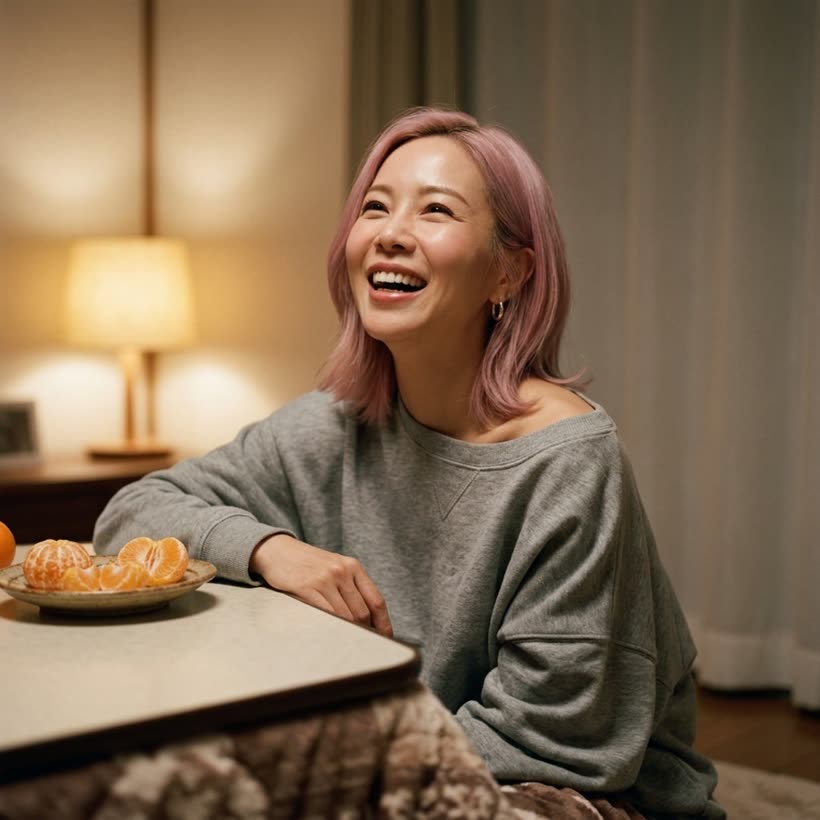 Momo — under the kotatsu. Mandarin peel, warm lamp, one sock half off.